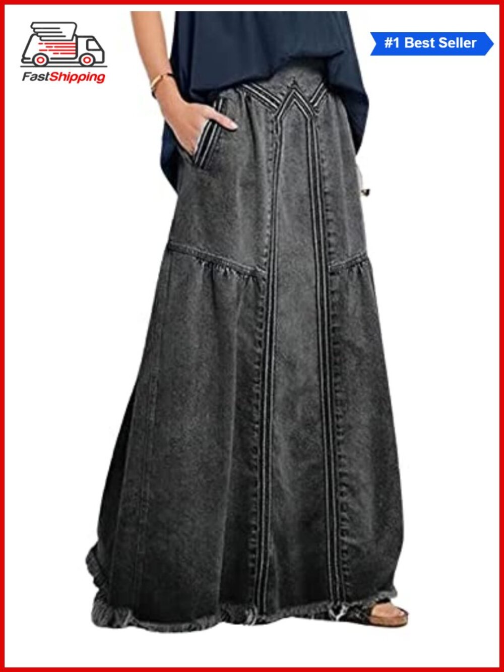 ✨ CHARTOU High Waist Frayed A-Line Maxi Denim Skirt with Pockets
